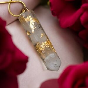 Rose Quartz Obelisk Resin Pendant Necklace | Gold Foil Accent | 18KGP Chain